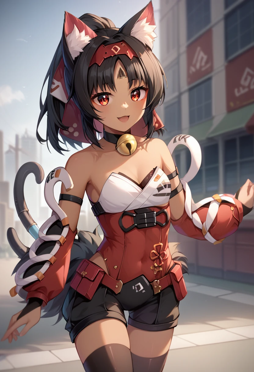 (Masterpiece, Ultra-high resolution, 8k, High Quality, Top quality, High-Detailed, Detailed CG, Cinematic Shadow:0.5, Beautiful Detailed Eyes, Ultra Resolution, Depth of Field, High Resolution, Masterpiece: 1.2), (Anime Art style), (cowboy shot), (cowboy shot), (city), 1girl, solo, nekomiya, red eyes, black hair, dark skin, ponytail, cat ears, cat tail, two tails, hairband, red bow, hair bow, forehead mark, sleeveless shirt, red leotard, black shorts, detached sleeves, puffy long sleeves, bridal gauntlets, choker, neck bell, thighhighs, red footwear, knee boots, black fur, small breasts, beautiful breasts, walking, happy, smile,