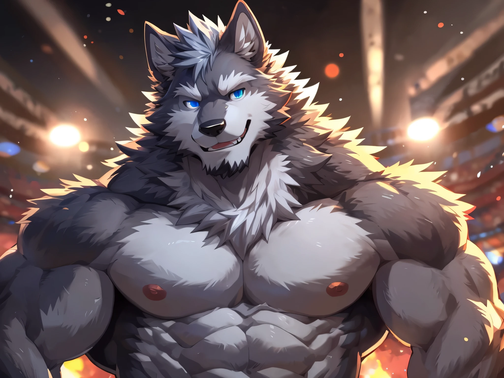 4K, high resolution, Best quality, Masterpiece, perfect colors, perfectly shaded, Perfect lighting, posted on e621, (by Chunie), Furry, anthro, Furry art, ((Portrait)), Male wolf, gray wolf, (two-toned fur), hairy bodies, Blue eyes, (Seductive look:1.2), fit body, perfect male figure, Wear men's shorts,Abs，musculature,Detailed fur, Detailed face, Perfect face, (The stands up), Detailed background, ((Bonifasko lighting)), Wolf tail, (Detailed eyes), perfect pupils