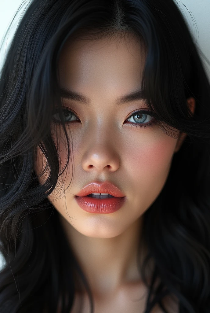 ((Extremely realistic)), ( super real), generate a highly realistic image, white backdrop,,15-year-old female,high school student、black long hair, I'm hiding my forehead with bangs,blue eyes,Long False Eyelashes,Thick lips,Clear eyeliner、,、 Open the center of your lips、extremely detailed lips, large mouth, full, plump,  lip balm to make your lips shiny and shiny、淡いpink lips, transparent lip gloss,cute bra tank top、Moisturized lips smudged with clear lip balm