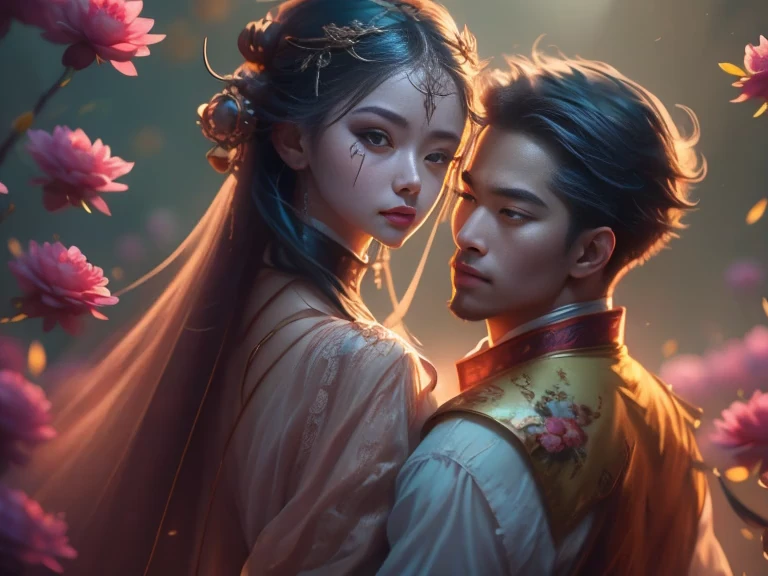 (Best Quality, Super Detail, Masterpiece, Representative Work, Official Art, Professional, Super Fine Detail, 8k:1.3), (photorealism:1.2), (Couple, Beautiful Girl and Boy), A couple in the sea of flowers, Handsome guy hugs beautiful girl from behind, Smiling and Wearing White Clothes, Delicate Hair, Chinese Beauty and Handsome Man, Wearing Ancient Chinese Clothes, Flowing Tulle, Light Silk, Create a movie poster similar to those used in Chinese romantic fantasy dramas, Correct proportions, Perfect face, perfect hands, Sweet atmosphere, Photorealistic, Sharp Focus, Dreamy Atmosphere, Delicate Details, Soft Volumetric Light, (Backlight:1.3), (Cinematic:1.2), Intricate Details, (ArtStation:1.3)