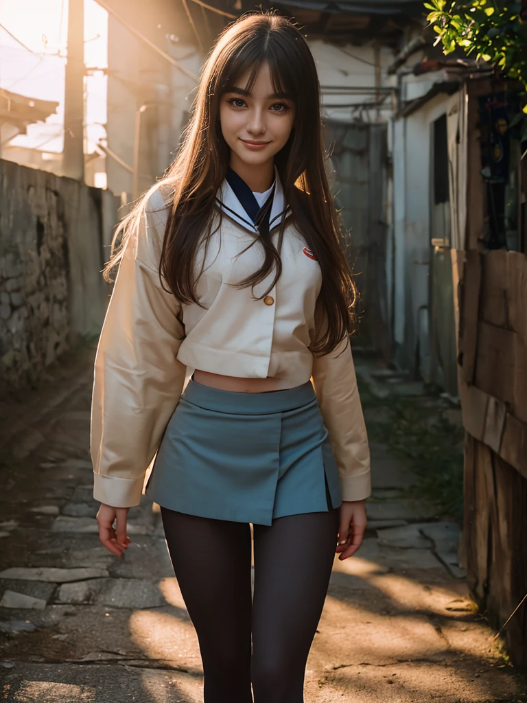 (1 lady), The beautiful, (Best quality at best:1.4), (ultra - detailed), (extremely detailed CG unified 16k), (dark greenish gray-brown hair), very detailed, High-definition RAW color photo, professional photoshooting, amazing face and eyes, cosmetics, (amazingly beautiful girl), ((Ibuki Fuko, small woman, NOT Dasha Taran)), ((clannad uniform, blue skirt, black tights)), (extremely detailed background, a lot of details background, realistic background), realistic cinematic face, head to feet long wide zoomed out view, full body long view, photorealistic, ((honey eyes)), gorgeous, extremely beautiful face, perfect model beauty, pout mouth, Highly Detailed Face and Skin Texture, Detailed Eyes, Double Eyelids, Very Small Breasts, Persistent Stare, Faith Trance, (funny expression, mystical stare, looking eternity), (masterpiece), smile, beautiful smile, best quality, high resolution, depth of field, cinematic lighting, amazing legs, black combat boots, clear and well-cared skin