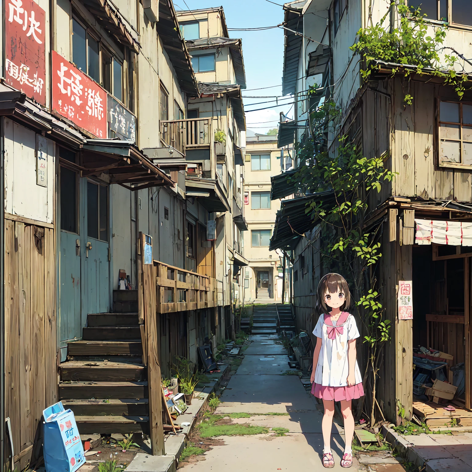 
(masterpiece、Detailed Anime)、((Three cute girls、Three elementary school girls、Summer clothes、にぎやかでfun))、( old and dirty stairs in the housing complex、Abandoned Port Town、General store、Battleship Island:1.2、Vending machines、garbage、Use waterways)、(Poor conditions)、(smile、fun)、smile、 Perfect Anatomy