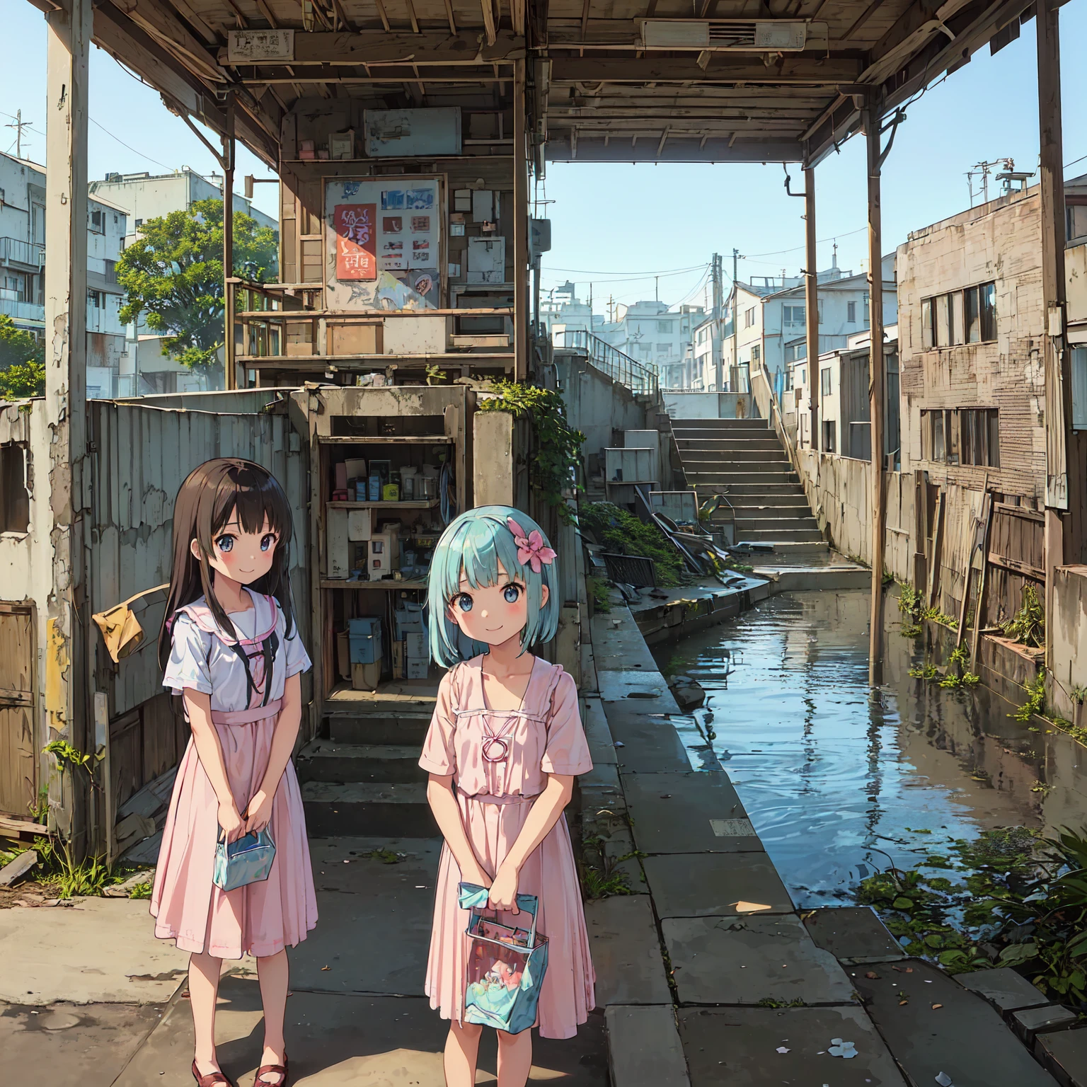 
(masterpiece、Detailed Anime)、((Three cute girls、Three elementary school girls、Summer clothes、にぎやかでfun))、( old and dirty stairs in the housing complex、Abandoned Port Town、General store、Battleship Island:1.2、Vending machines、garbage、Use waterways)、(Poor conditions)、(smile、fun)、smile、 Perfect Anatomy