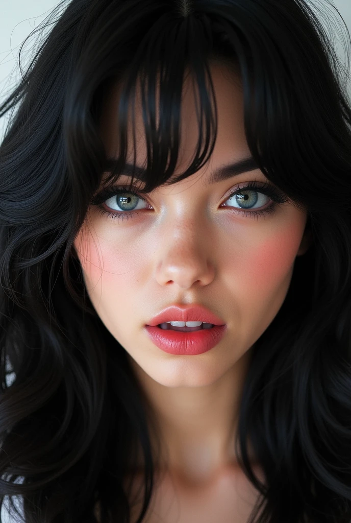 ((Extremely realistic)), ( super real), generate a highly realistic image, white backdrop,,15-year-old female,high school student、black long hair, I'm hiding my forehead with bangs,blue eyes,Long False Eyelashes,Thick lips,Clear eyeliner、,、 Open the center of your lips、extremely detailed lips, large mouth, full, plump,  lip balm to make your lips shiny and shiny、淡いpink lips, transparent lip gloss,cute bra tank top、Moisturized lips smudged with clear lip balm