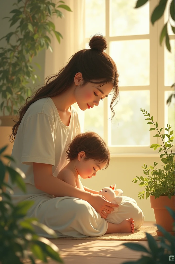 (anime, digital paint, happy ending, children with their father in a bright and colorful home setting, vibrant flowers blooming in the garden, sunlight streaming in through the windows, peaceful and joyful atmosphere)
