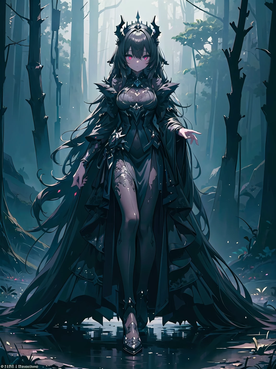 masutepiece, High quality, Best Quality, Beautiful, hard disk, Perfect Lighting, Detailed face, Detailed body,full body Esbian、standing in the forest、Solo, (black wavy long hair), Black eyes, Colossal tits、 Black dress with complex pattern, (Gray wolf hat), Accessories with complex modeling