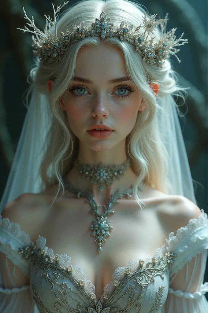 beautiful silver regal forhead crown that dangled a red jewelry on my forhead and a beautiful etheral jeweled long veil over my hair that flowed down my dress and cover my eyes a bit,I was wearing a beautiful White Medieval Dresses Vintage Maxi Length Lace Dresses Beathable Pagoda Sleeve Hollow Out Dress Dressy U Collar Sheath Dresses Fourteenth Century Renaissance Retro Dress and a pair of beautiful white laced heals to match.my skin was pale white like a porcelain doll and mu body was with a hourglass shaped that fit the dress beautifully.my hair was white layered wavy hair that reached my ankles.my eyes were a Mesmerizing light purple with pupils slits like a cat.eye lashes are pure white and droopy