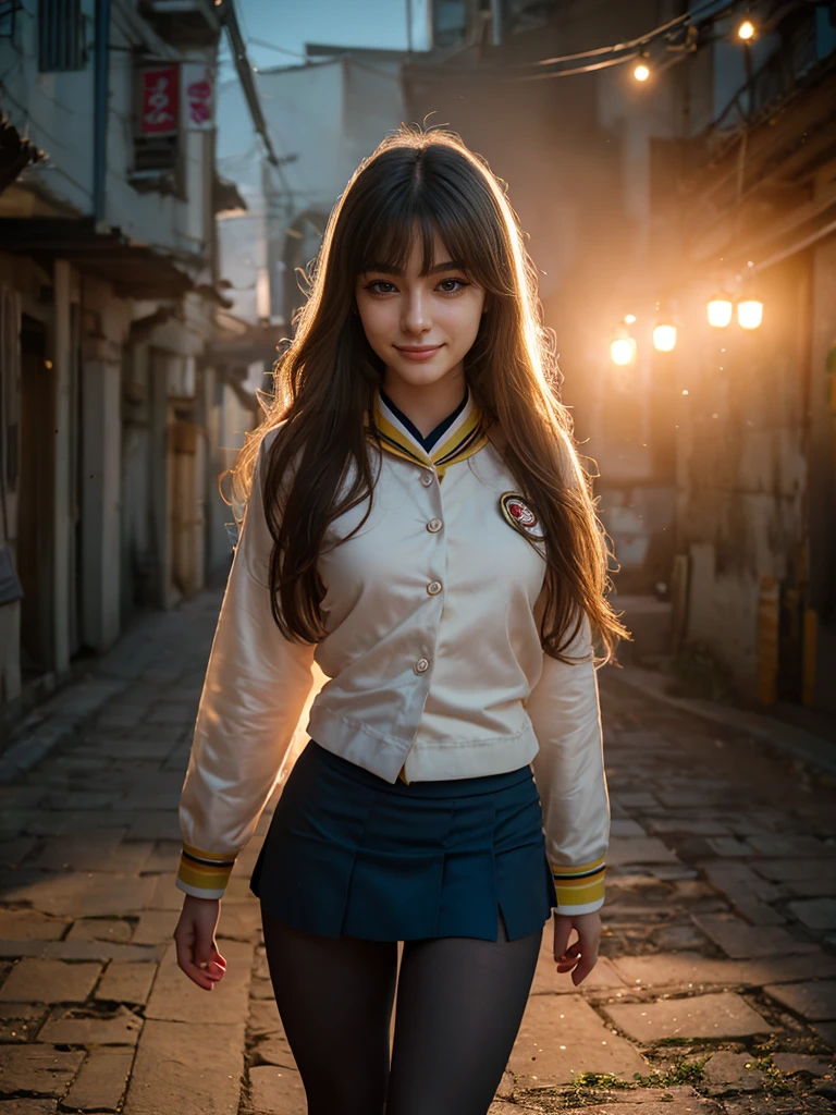 (1 lady), The beautiful, (Best quality at best:1.4), (ultra - detailed), (extremely detailed CG unified 16k), (dark greenish gray-brown hair:1), very detailed, High-definition RAW color photo, professional photoshooting, amazing face and eyes, cosmetics, (amazingly beautiful girl), ((Ibuki Fuko, small woman, NOT Dasha Taran)), ((clannad uniform, blue skirt, black tights)), (extremely detailed background, a lot of details background, realistic background), realistic cinematic face, head to feet long wide zoomed out view, full body long view, photorealistic, ((honey eyes)), gorgeous, extremely beautiful face, perfect model beauty, pout mouth, Highly Detailed Face and Skin Texture, Detailed Eyes, Double Eyelids, Very Small Breasts, Persistent Stare, Faith Trance, (funny expression, mystical stare, looking eternity), (masterpiece), smile, beautiful smile, best quality, high resolution, depth of field, cinematic lighting, amazing legs, black combat boots, clear and well-cared skin