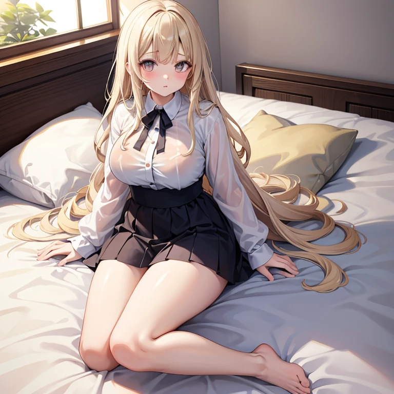 High quality, a lazy adult woman, kawaii, full body, mooning light from the window, laying on the bed, long sleeve, white, regal shirt, over sized see through shirt, shameful face, pale beige hair, wet long hair, beige eyes, real body,