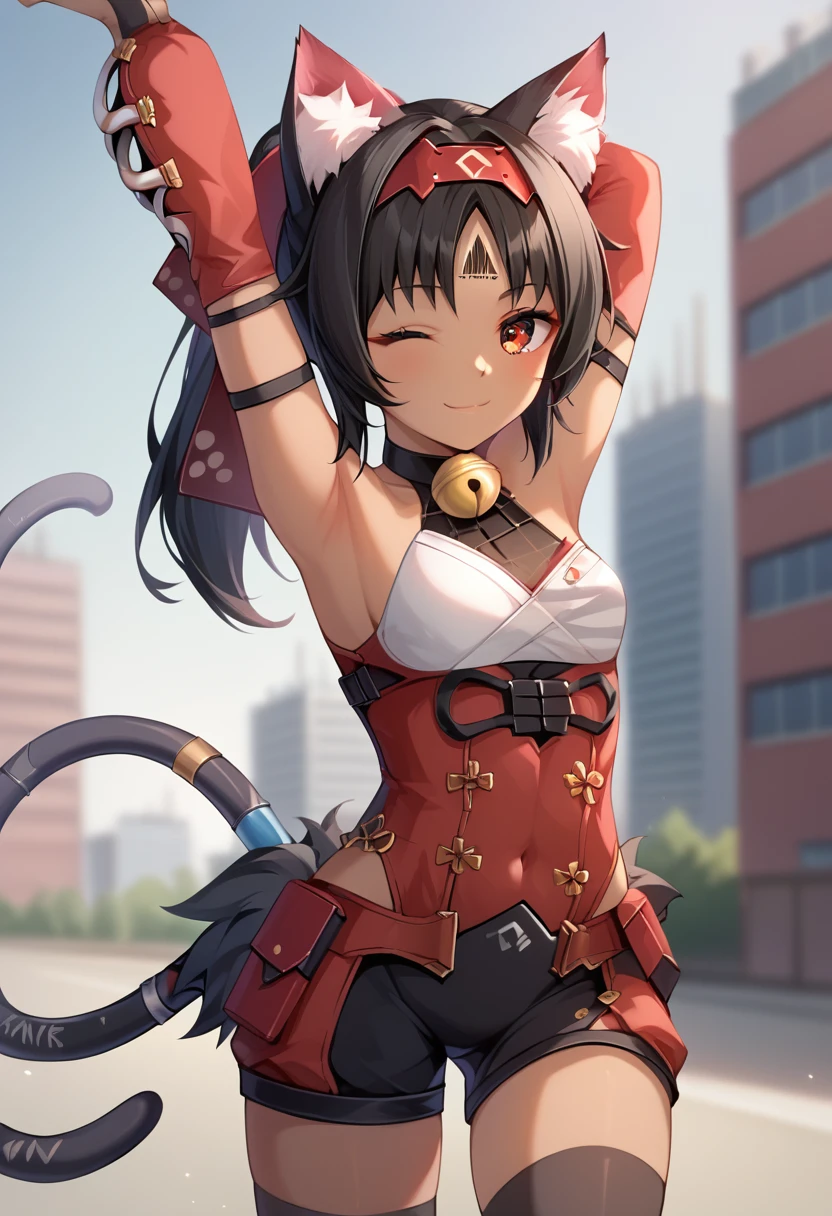 (Masterpiece, Ultra-high resolution, 8k, High Quality, Top quality, High-Detailed, Detailed CG, Cinematic Shadow:0.5, Beautiful Detailed Eyes, Ultra Resolution, Depth of Field, High Resolution, Masterpiece: 1.2), (Anime Art style), (cowboy shot), (cowboy shot), (city), 1girl, solo, nekomiya, red eyes, black hair, dark skin, ponytail, cat ears, cat tail, two tails, hairband, red bow, hair bow, forehead mark, sleeveless shirt, red leotard, black shorts, detached sleeves, puffy long sleeves, bridal gauntlets, choker, neck bell, thighhighs, red footwear, knee boots, black fur, small breasts, beautiful breasts, smile, stretching, arms up, one eye closed, closed mouth,