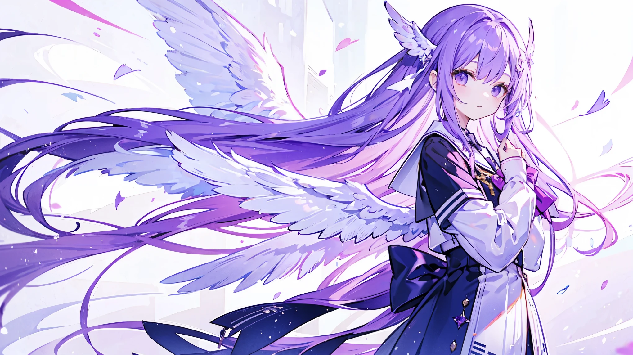 Purple long hair girl、School uniforms with a white motif、As tall as a middle school student、Both wings