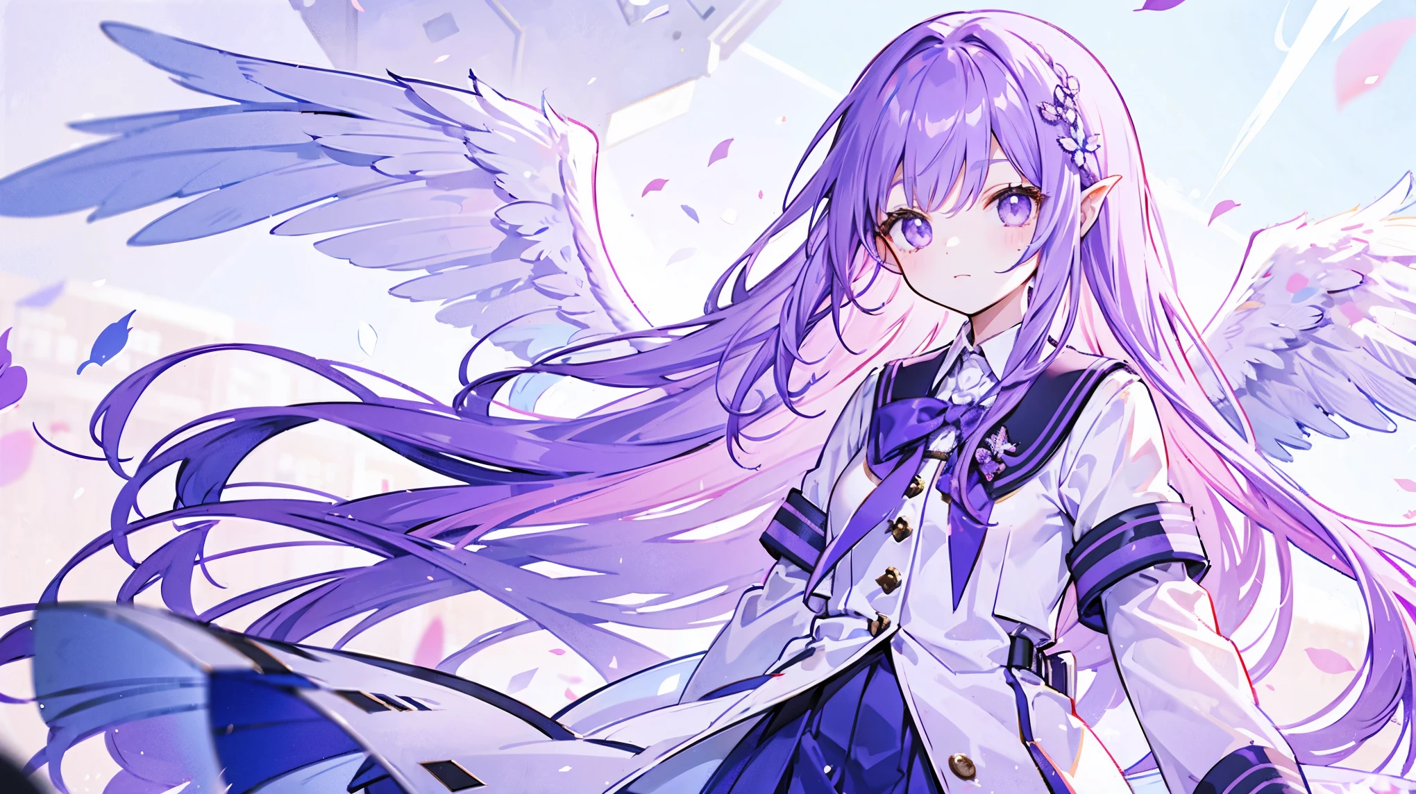 Purple long hair girl、School uniforms with a white motif、As tall as a middle school student、Both wings