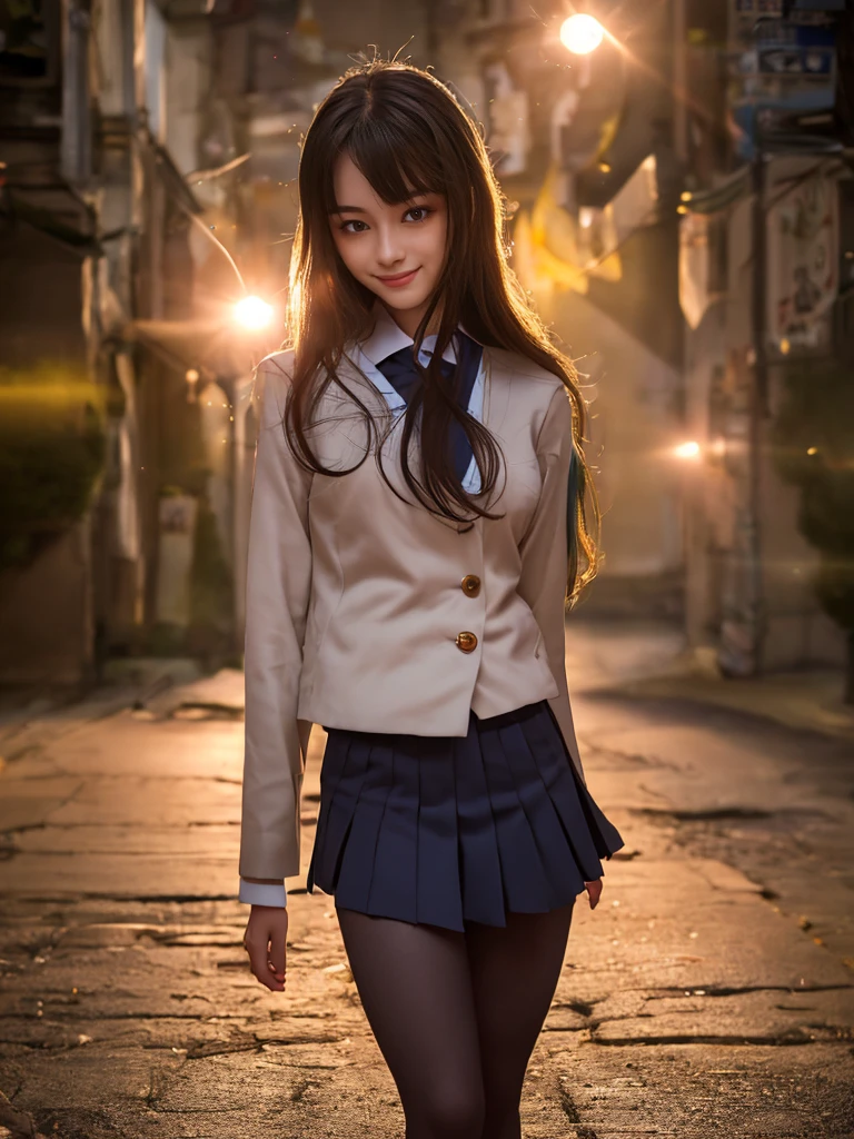 (1 lady), The beautiful, (Best quality at best:1.4), (ultra - detailed), (extremely detailed CG unified 16k), (dark greenish gray-brown hair), very detailed, High-definition RAW color photo, professional photoshooting, amazing face and eyes, cosmetics, (amazingly beautiful girl), ((Ibuki Fuko, small woman, NOT Dasha Taran)), ((clannad uniform, blue skirt, black tights)), (extremely detailed background, a lot of details background, realistic background), realistic cinematic face, head to feet long wide zoomed out view, full body long view, photorealistic, ((honey eyes)), gorgeous, extremely beautiful face, perfect model beauty, pout mouth, Highly Detailed Face and Skin Texture, Detailed Eyes, Double Eyelids, Very Small Breasts, Persistent Stare, Faith Trance, (funny expression, mystical stare, looking eternity), (masterpiece), smile, beautiful smile, best quality, high resolution, depth of field, cinematic lighting, amazing legs, black combat boots, clear and well-cared skin