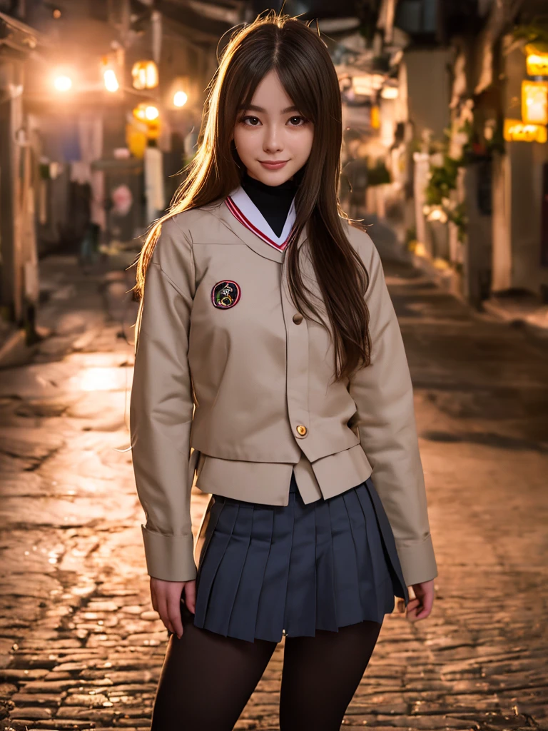 (1 lady), The beautiful, (Best quality at best:1.4), (ultra - detailed), (extremely detailed CG unified 16k), (dark greenish gray-brown hair), very detailed, High-definition RAW color photo, professional photoshooting, amazing face and eyes, cosmetics, (amazingly beautiful girl), ((Ibuki Fuko, small woman, NOT Dasha Taran)), ((clannad uniform, blue skirt, black tights)), (extremely detailed background, a lot of details background, realistic background), realistic cinematic face, head to feet long wide zoomed out view, full body long view, photorealistic, ((honey eyes)), gorgeous, extremely beautiful face, perfect model beauty, pout mouth, Highly Detailed Face and Skin Texture, Detailed Eyes, Double Eyelids, Very Small Breasts, Persistent Stare, Faith Trance, (funny expression, mystical stare, looking eternity), (masterpiece), smile, beautiful smile, best quality, high resolution, depth of field, cinematic lighting, amazing legs, black combat boots, clear and well-cared skin