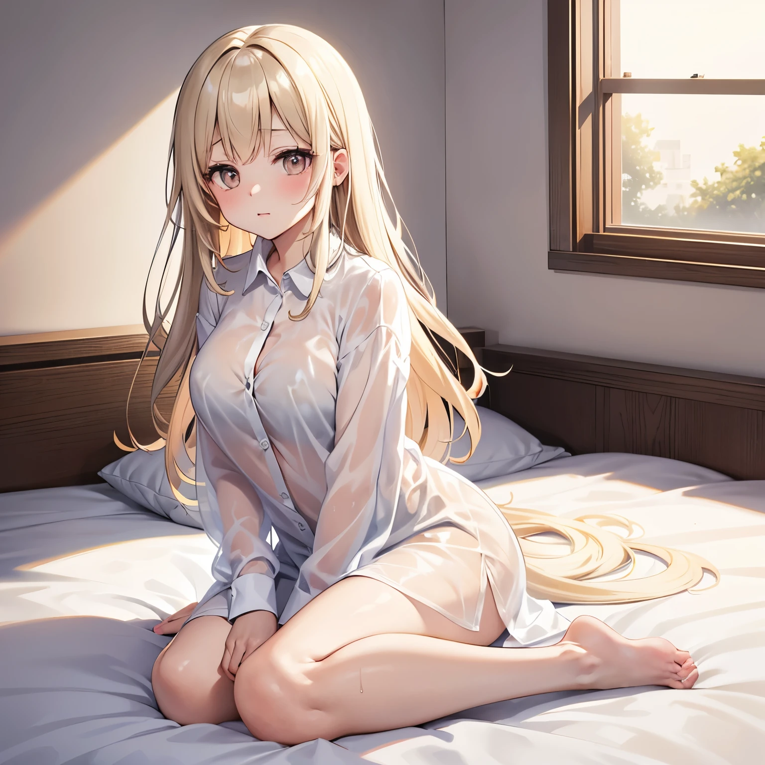 High quality, a lazy adult woman, kawaii, full body, mooning light from the window, laying on the bed, long sleeve, white, regal shirt, over sized see through shirt, shameful face, pale beige hair, wet long hair, beige eyes, real body,