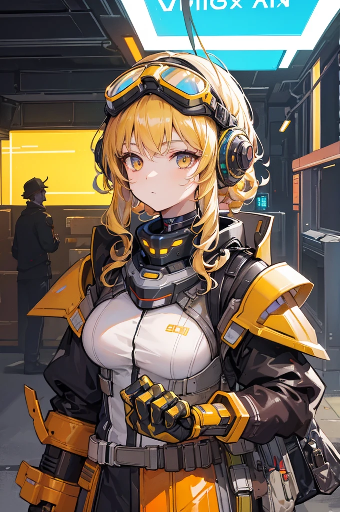 Girl, short yellow hair, blue eyes, is a robot, tempting medium-sized breasts, headphone 