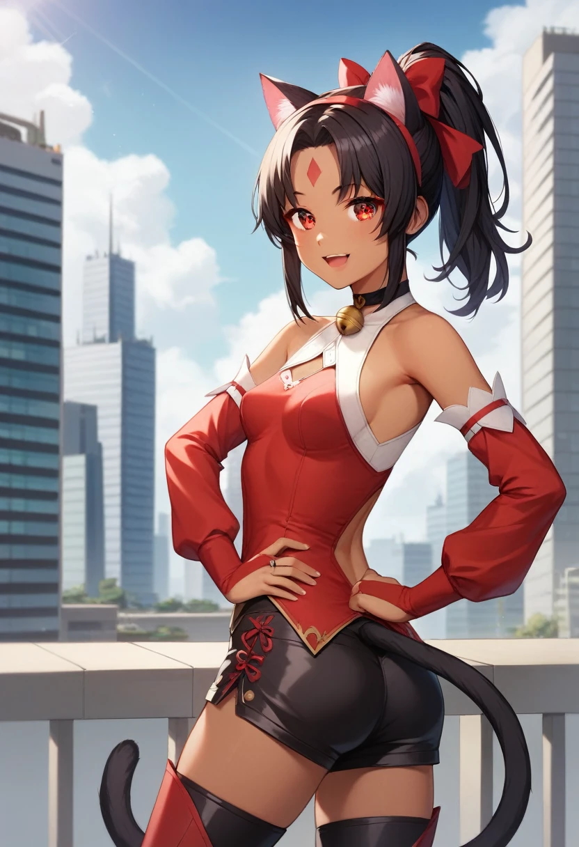 (Masterpiece, Ultra-high resolution, 8k, High Quality, Top quality, High-Detailed, Detailed CG, Cinematic Shadow:0.5, Beautiful Detailed Eyes, Ultra Resolution, Depth of Field, High Resolution, Masterpiece: 1.2), (Anime Art style), (cowboy shot), (cowboy shot), (city), 1girl, solo, nekomiya, red eyes, black hair, dark skin, ponytail, cat ears, cat tail, two tails, hairband, red bow, hair bow, forehead mark, sleeveless shirt, red leotard, black shorts, detached sleeves, puffy long sleeves, bridal gauntlets, choker, neck bell, thighhighs, red footwear, knee boots, black fur, small breasts, beautiful breasts, happy, smile, looking back, from behind, put hands on hips,