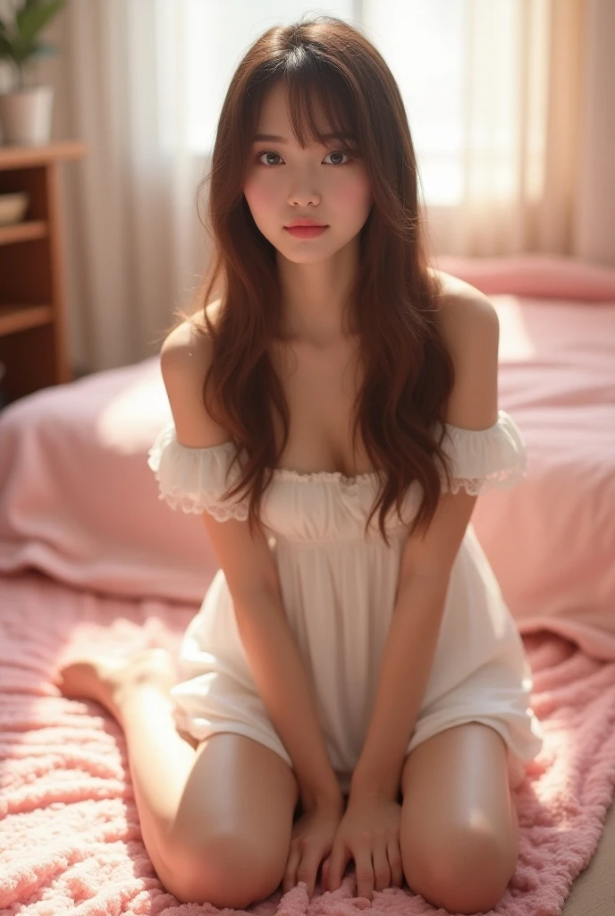 Sweet girl dress2,dress, Best quality, masterpiece, super high resolution, (fidelity: 1.4), original photo, 24-year-old sexy model, messy long hair, delicate face, feminine eyes, sitting on the bed with hands between your legs, shown in a positive perspective, surprising detail, very detailed