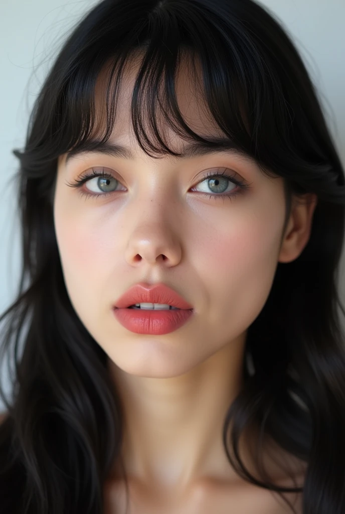 ((Extremely realistic)), ( super real), generate a highly realistic image, white backdrop,,15-year-old female,high school student、black long hair, I'm hiding my forehead with bangs,blue eyes,Long False Eyelashes,Thick lips,Clear eyeliner、,Moisturized lips smudged with clear lip balm、 Open the center of your lips、extremely detailed lips, large mouth, full, plump,  lip balm to make your lips shiny and shiny、淡いpink lips, transparent lip gloss,cute bra tank top