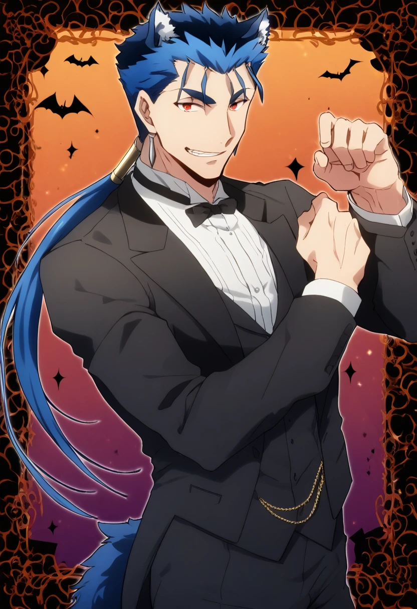 Cu Chulainn Blue Lancer a man dressed as a butler with blue wolf ears and tail with a good face, red eyes, a good body with little musculature and long blue hair with a ponytail at the nape of his neck and anime earrings with an orgasmic smile doing a wolf pose with a Halloween background.