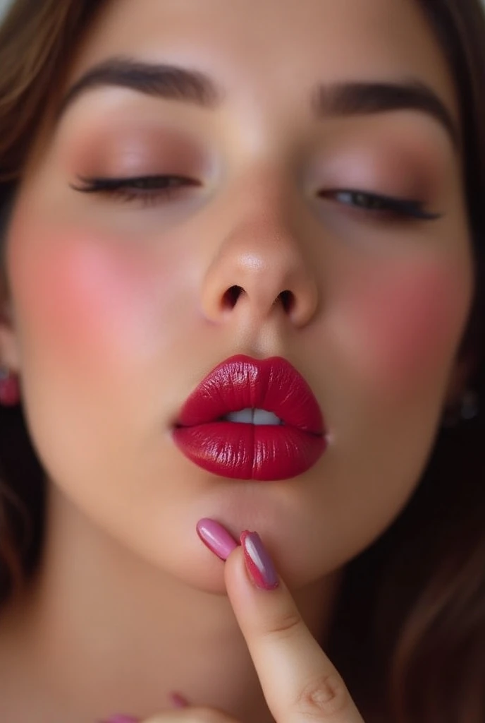 there is a woman with a big dick on her face, his face flushed and sweaty, thick red lips, digital art. @mariomaniacdude, inspired by Hedi Xandt, thick lips, cream dripping on face, give your mouth, crying and reaching with his arm, red lipstick on face, retouched hands, digital art but photo