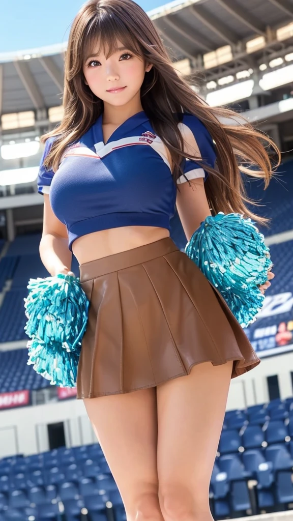 a sexy busty college cheerleader doing her routine at a crowded football stadium, (wearing a short tiny pleated miniskirt with no underwear and a tiny shirt that doesn't cover her gigantic breasts), without her underwear, lifting her skirt exposing her juicy puffy vagina, vulva, clitoris, pubes, and asshole, (with her voluptuous gigantic boobies and nipples hanging out freely), huge cleavage, erect nipples, wide hips, toned stomach, beautiful, a huge ass, bubble butt, huge bosom, ((ridiculously big tits)), perfect milky breasts, (M-cup breasts), (massive perky boobs), (round heavy breasts), breast implants, well-endowed, and thick thighs, bimbo, slut, slutty, lewd, (leaking streams of clear pussy juice out of her pussy down her thighs), ((exposed vagina)), ((boobs exposed)), (naked pussy), ((hairy pussy)), ((nude)), sweating, streaking, wet pussy, embarrassed, blushing, aroused, horny, undressed, stripped, (wardrobe malfunction), boob slip, (((upskirt))), tanlines, porn, pornography, public, exhibitionism, audience, audience taking photos, (camera flashes), pom-poms, cheerleading, photographic, high detail, low angle, masterpiece