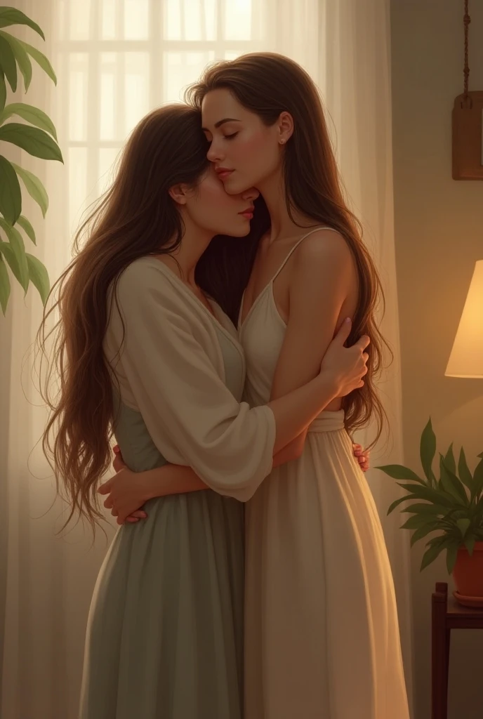 In a cozy, candlelit attic room adorned with vintage lace curtains, two women share a stolen moment of affection. Their lips press together in a passionate kiss, and their fingers entwine in each other's hair. A half-finished canvas leans against an easel in the corner, suggesting their shared love for art. The warm glow of the candles casts soft shadows on their flushed cheeks and the wooden floor. The room feels like a sanctuary where their love can bloom freely, an atmosphere of intimacy and self-discovery captured in a realistic photographic style. Shot with a 50mm prime lens at f/2.8 to create a shallow depth of field, highlighting the women while gently blurring the background