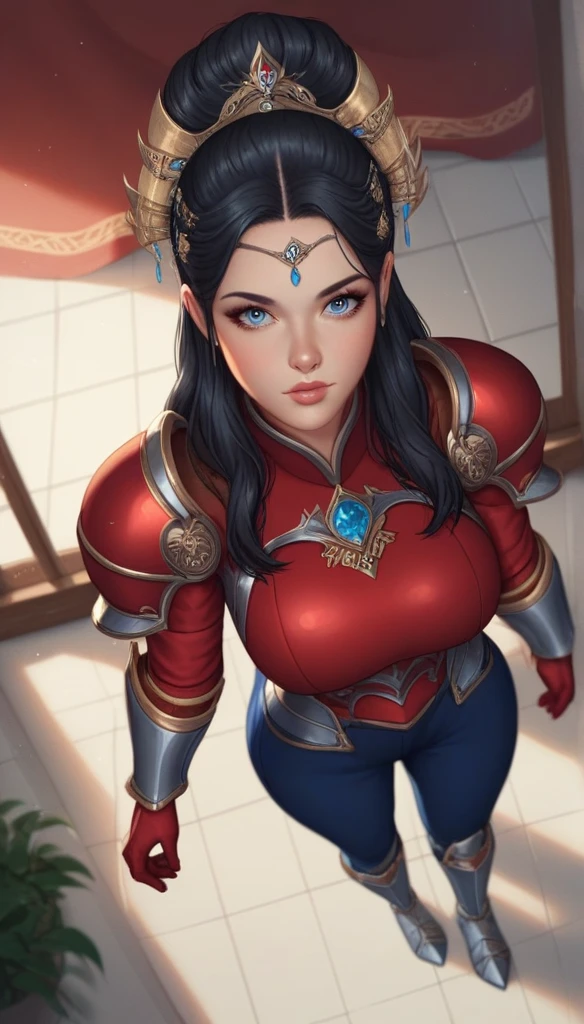 score_9, score_8_above, score_7_above, score_6_above, score_5_above, score_4_above, , blue eyes, black hair,  long hair , hair ornament, forehead ornament,   BIG BREASTS, gray armor, pauldrons,  red dress ,  long sleeves , gloves, blue pants, pork rinds, red armoured boots, (Alone), standing,  looking at the viewer ,  inside the house , neckline, Showing a lot of skin, sexy.