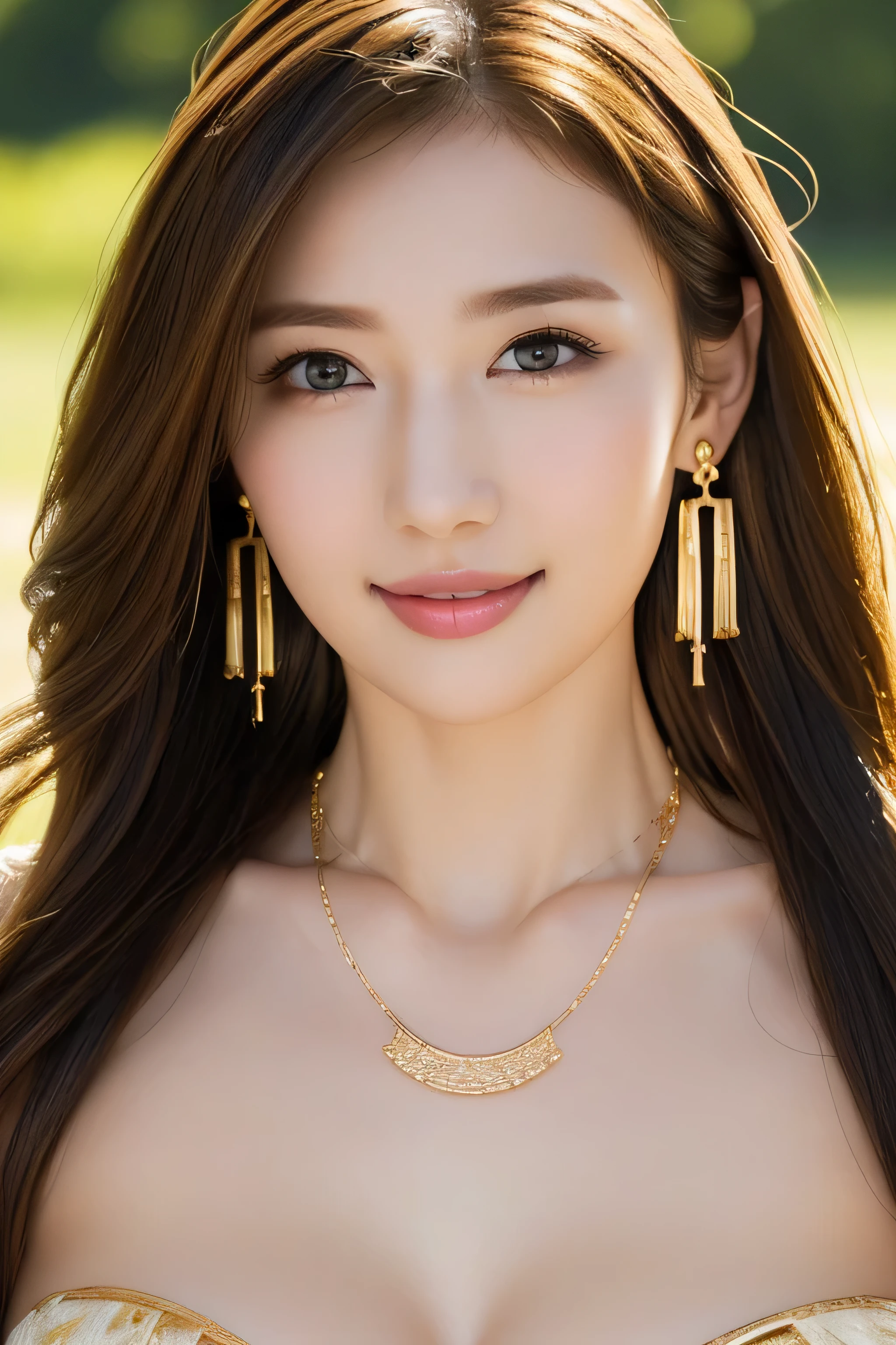 ne Girl, beautiful girl with high breasts、Innocent Girl、((masterpiece)), (( very detailed faces )), Best Quality, Surreal, High Resolution , Intricate details,(Beautiful Delicate Eyes and Lips ), (Best Shadow. so delicate and beautiful .), Beautiful white skin, smile, Open your mouth , Messy Hair Goodley, Cowboy Shots .((gold necklace_Large earrings:1.2)), has a smiling face