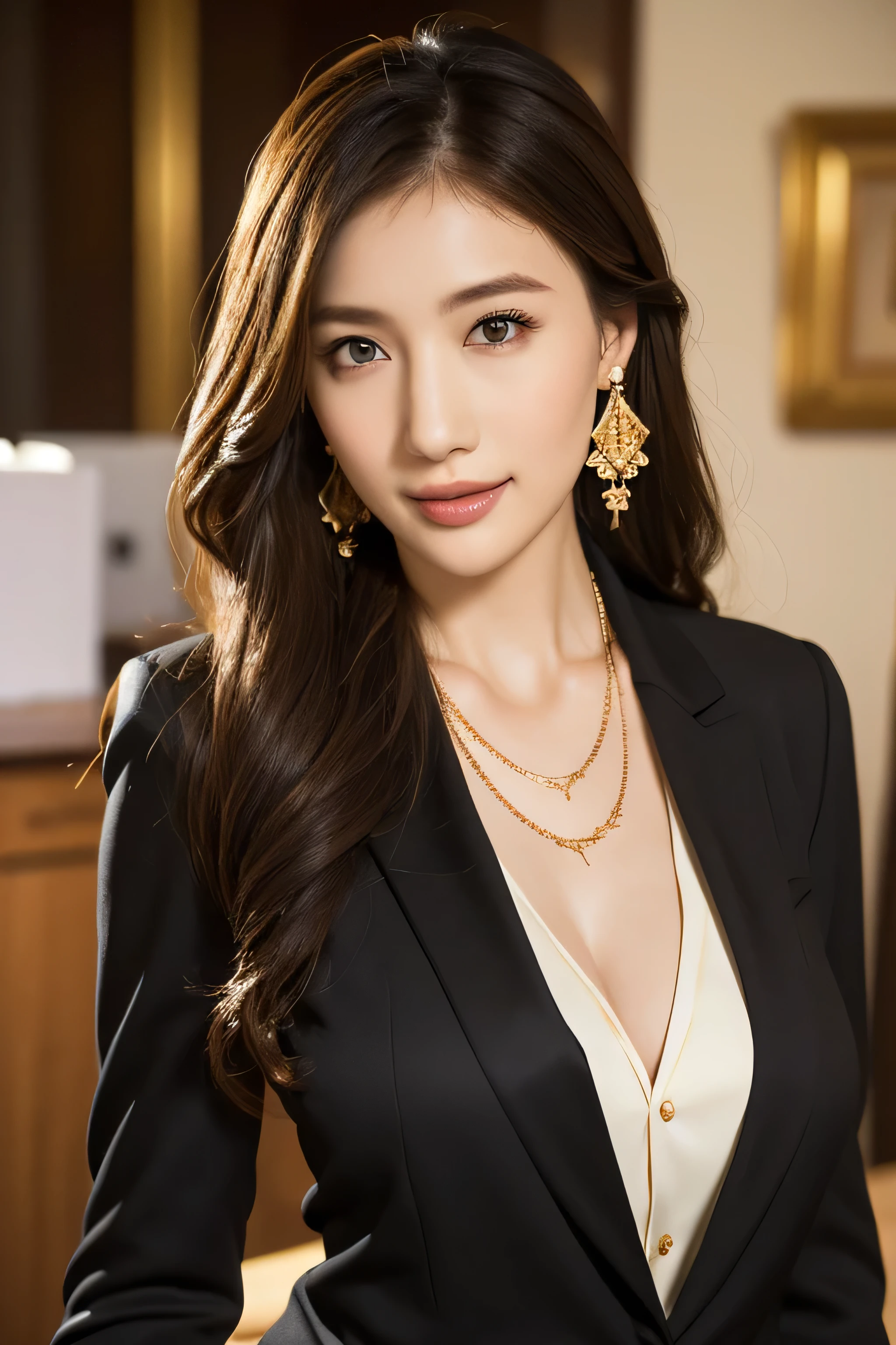 beautiful girl with high breasts、Innocent Girl、((masterpiece)), (( very detailed faces )), Best Quality, Surreal, High Resolution , Intricate details,(Beautiful Delicate Eyes and Lips ), (Best Shadow. so delicate and beautiful .), Beautiful white skin, smile, Open your mouth , Messy Hair Goodley, Cowboy Shots .((gold necklace_Large earrings:1.2)), has a smiling face、(Office Lady,Black Office Blazer,luxurious silk blouse:1.5）