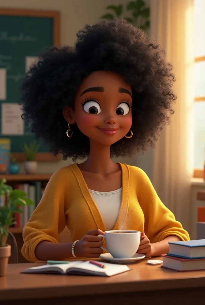 young university student, mixer skin, curly hair, walking through a park, frontal view, highly detailed face, cinematic lighting, photorealistic, 8k, masterpiece, intricate details, warm color tones, natural environment, graceful pose, serene expression, happy face, atmospheric perspective, depth of field, lush greenery, detailed foliage, cobblestone path, dappled sunlight, drinks coffee sitting at casual cafe table,