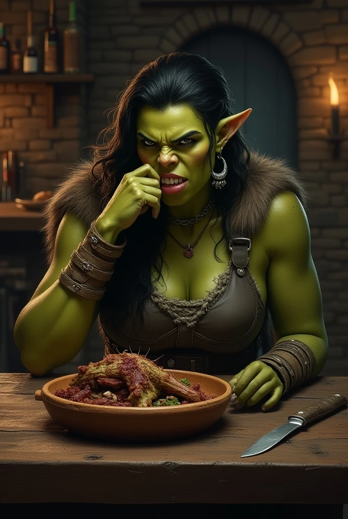 Two Beautiful Orc girls baking bread in a kitchen, naked, cabin, beautiful green eyes, tattoos, 4K, sweating, visible penis <lora:Orc Girl LoRA:1>