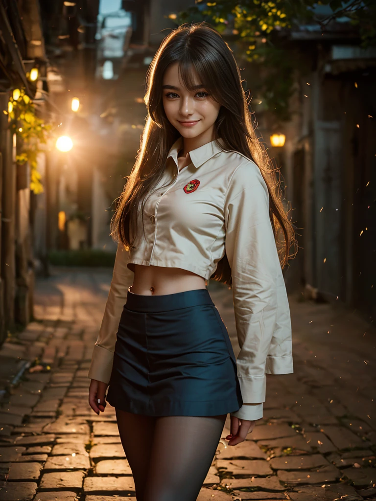 (1 lady), The beautiful, (Best quality at best:1.4), (ultra - detailed), (extremely detailed CG unified 16k), (dark greenish gray-brown hair), very detailed, High-definition RAW color photo, professional photoshooting, amazing face and eyes, cosmetics, (amazingly beautiful girl), ((Ibuki Fuko, small woman yet amazingly attractive body at his best, NOT Dasha Taran)), ((clannad uniform, blue skirt, black tights)), (extremely detailed background, a lot of details background, realistic background), realistic cinematic face, head to feet long wide zoomed out view, full body long view, photorealistic, ((honey eyes)), gorgeous, extremely beautiful face, perfect model beauty, pout mouth, Highly Detailed Face and Skin Texture, Detailed Eyes, Double Eyelids, Very Small Breasts, Persistent Stare, Faith Trance, (funny expression, mystical stare, looking eternity), (masterpiece), smile, beautiful smile, best quality, high resolution, depth of field, cinematic lighting, amazing legs, black combat boots, clear and well-cared skin