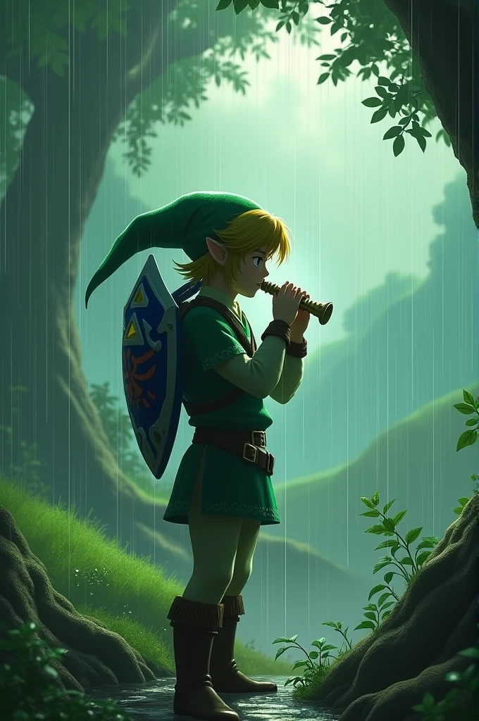 Link playing his ocarina in the rain