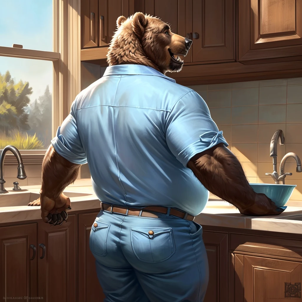 Alone,Male,BEAR, muscle,Big belly, Belly, only kitchen apron,FAT, Chubby, Big buttocks,Male mature, Grandfather,old,old age, Furry, NSFW.