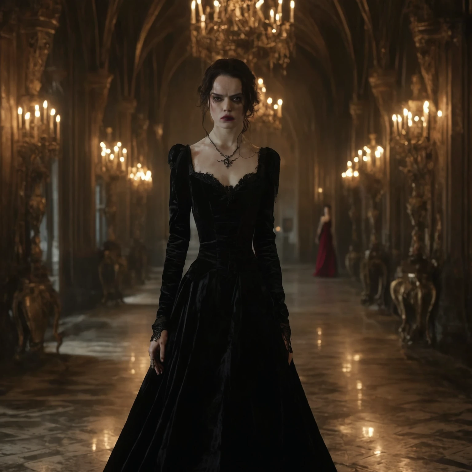 A horrifying and surreal portrayal of Daisy Ridley as a female vampire with a distorted and monstrous appearance. The vampire is dressed in traditional black and red attire, but her face is grotesquely distorted, with a mouth that has been violently ripped open, revealing sharp, blood-soaked teeth and open wounds. Blood drips from his mouth, creating a vampiric and unsettling image, ominously, with a 
 sinister aura. The background is a vivid, solid red in a gothic mansion, intensifying the overall feeling of dread and horror. The lighting is harsh and direct, highlighting the brutal details of torn flesh and slick, glistening blood. The composition is disturbing and captivating, evoking a nightmarish vision of corrupted innocence. Captured with a Canon EOS R5, using a 50mm f/1.2 lens to get sharp focus on the gory details while the background remains a strong, uninterrupted red --air 4:5 --style raw --style 300 --v 6