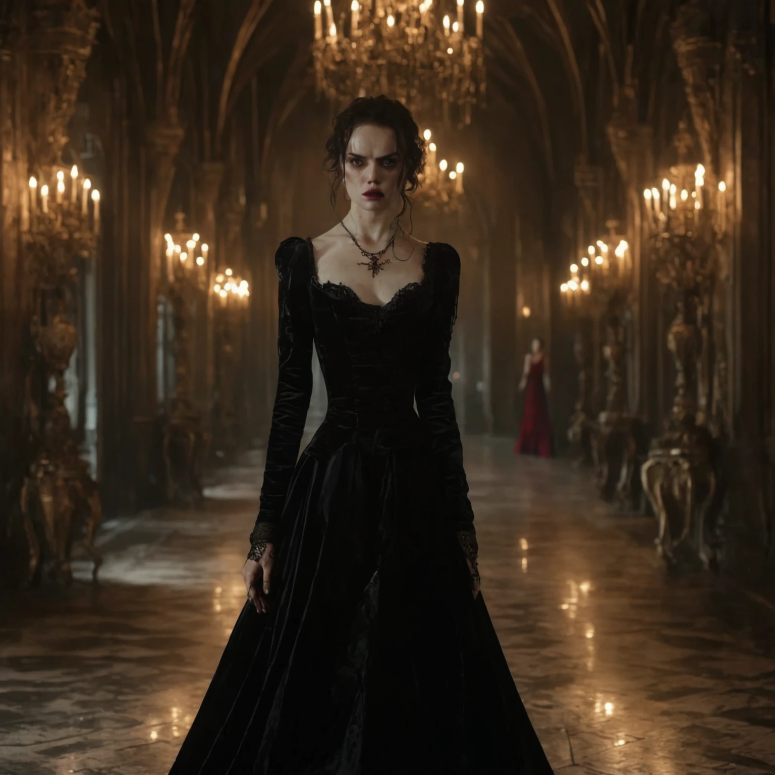 A horrifying and surreal portrayal of Daisy Ridley as a female vampire with a distorted and monstrous appearance. The vampire is dressed in traditional black and red attire, but her face is grotesquely distorted, with a mouth that has been violently ripped open, revealing sharp, blood-soaked teeth and open wounds. Blood drips from his mouth, creating a vampiric and unsettling image, ominously, with a 
 sinister aura. The background is a vivid, solid red in a gothic mansion, intensifying the overall feeling of dread and horror. The lighting is harsh and direct, highlighting the brutal details of torn flesh and slick, glistening blood. The composition is disturbing and captivating, evoking a nightmarish vision of corrupted innocence. Captured with a Canon EOS R5, using a 50mm f/1.2 lens to get sharp focus on the gory details while the background remains a strong, uninterrupted red --air 4:5 --style raw --style 300 --v 6