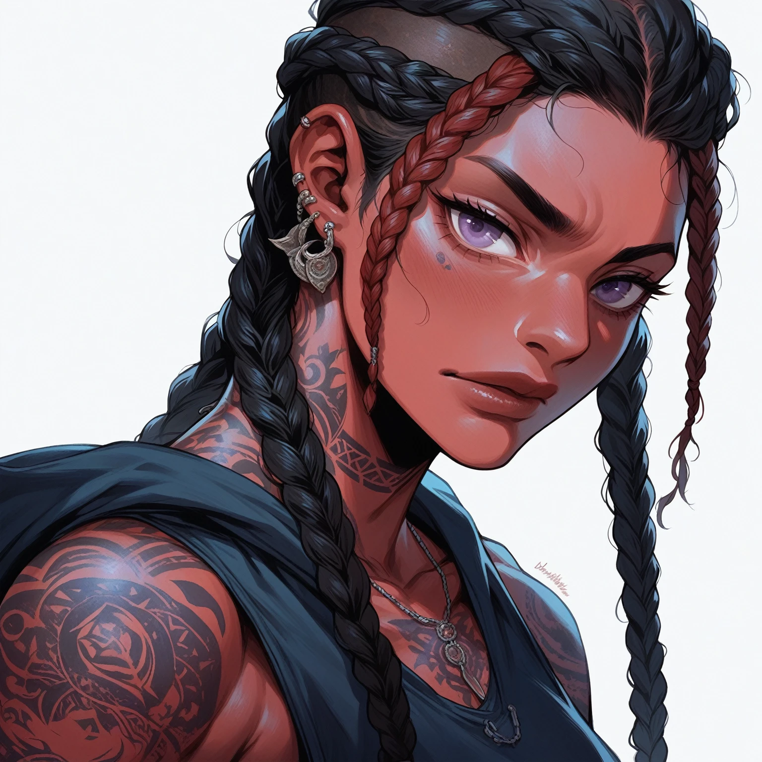 A young woman with red skin, black hair styled in a braided bob, African braid, and purple eyes, wearing streetwear. She has visible street tattoos on her muscular, Athletic , comics style 