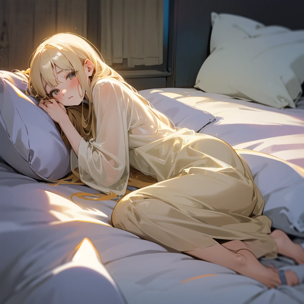 Masterpiece, (highest quality), Alone, (Young Woman), Solo, Blonde Long Straight Hair, Big, Dog Ears, (Golden Eyes), (Pajamas with green and white stripes), Barefoot, (Red cheeks), (Sleeping with eyes closed)), Sweating a lot, (Lying face down), Face on pillow, Sleeping profile, (((Very dark)), (((Midnight Room))), On the bed