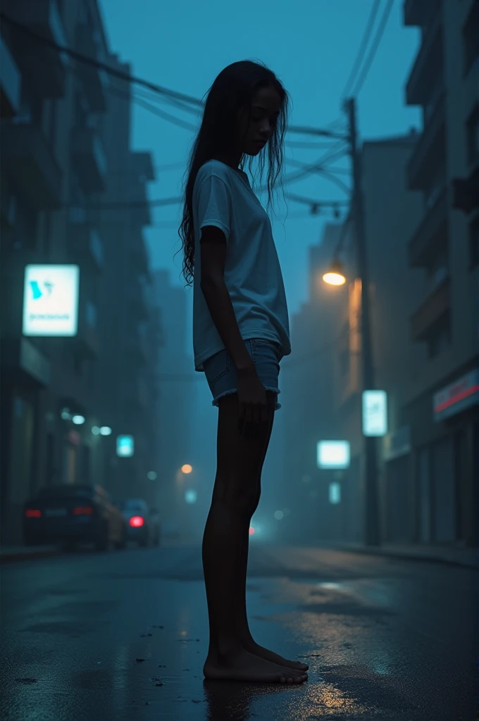 A completely empty square in the evening fog, tiled. No houses or streetlights. Huge square, the edges disappear in the fog. In the center of the frame stands a long-haired girl in a raincoat over her naked body. Low light, only the reflected light of the evening cloudy sky. A bluish tint.