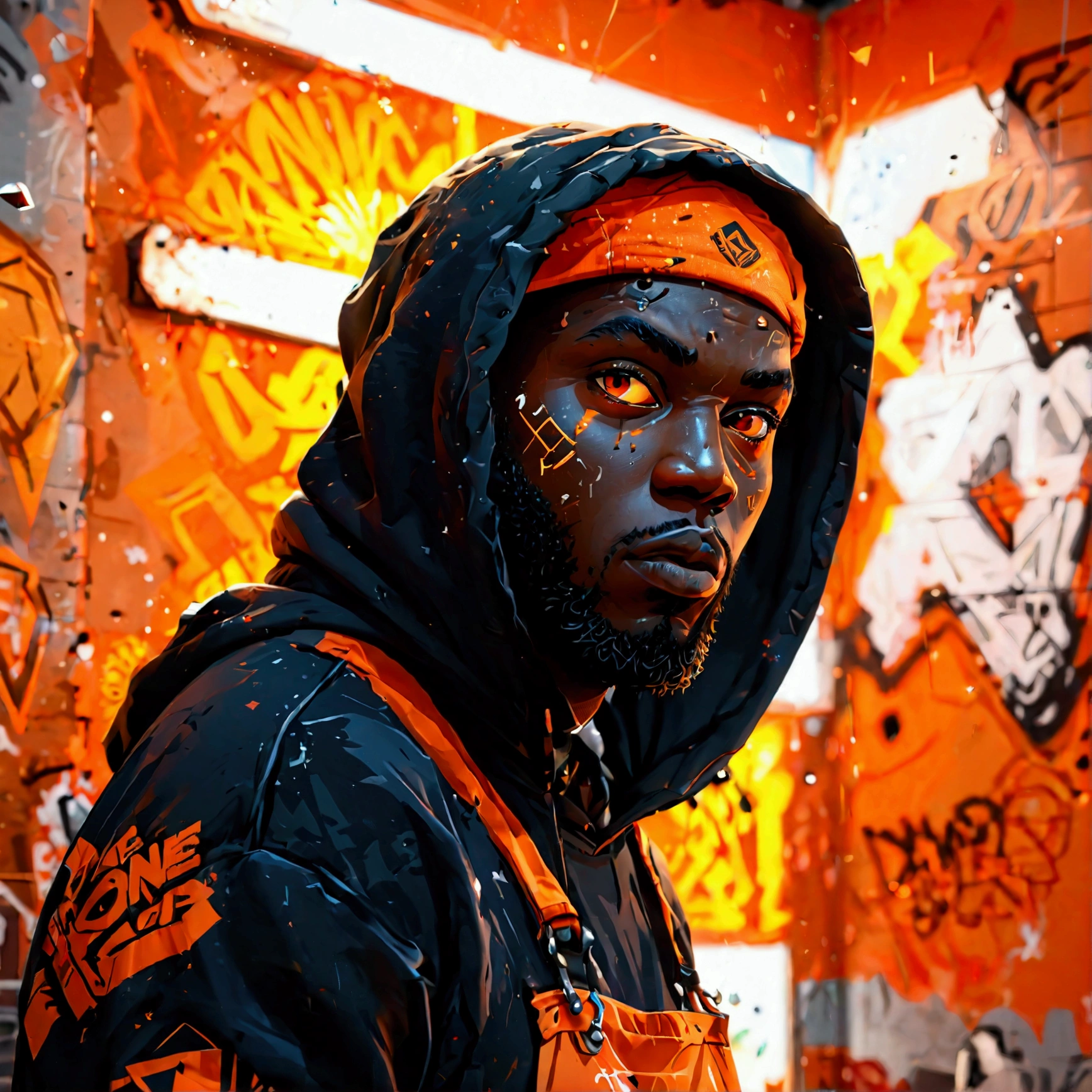 obi Arisukwu's art style full body illustration of a worker in silhouette, hammers and diamonds, wearing a hoodie hip hop clothing & orange home depot apron, glowing eyes, home depot store, graffiti, vector, logo design, minimalistic design, well-defined lines, perfectly drawn, rtx, UHD, cell shading, 32k, ray tracing, cartoon, realistic, unreal engine 5, octane render, shaders, 3d,
