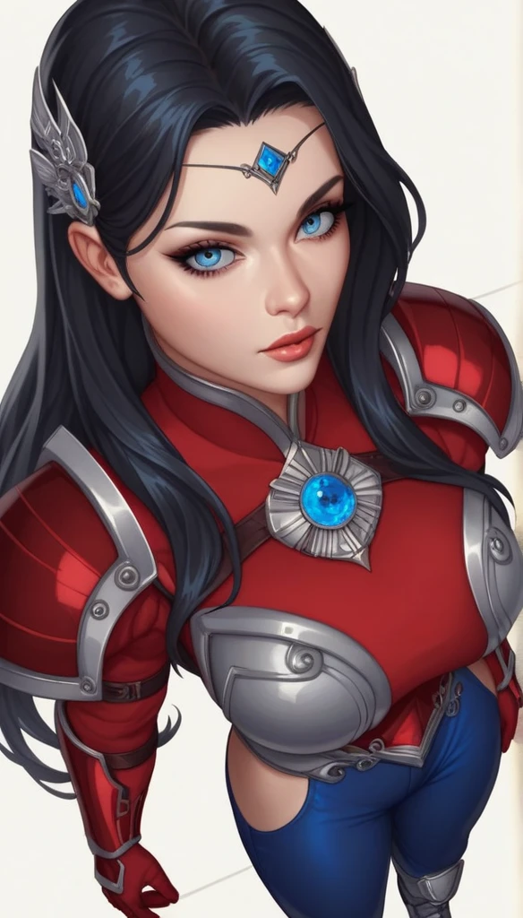 score_9, score_8_above, score_7_above, score_6_above, score_5_above, score_4_above, , blue eyes, black hair,  long hair , hair ornament, forehead ornament,   BIG BREASTS, gray armor, pauldrons,  red dress ,  long sleeves , gloves, blue pants, pork rinds, red armoured boots, (Alone), standing,  looking at the viewer , Ruined Greek temple , neckline, Showing a lot of skin, sexy. dynamic position 