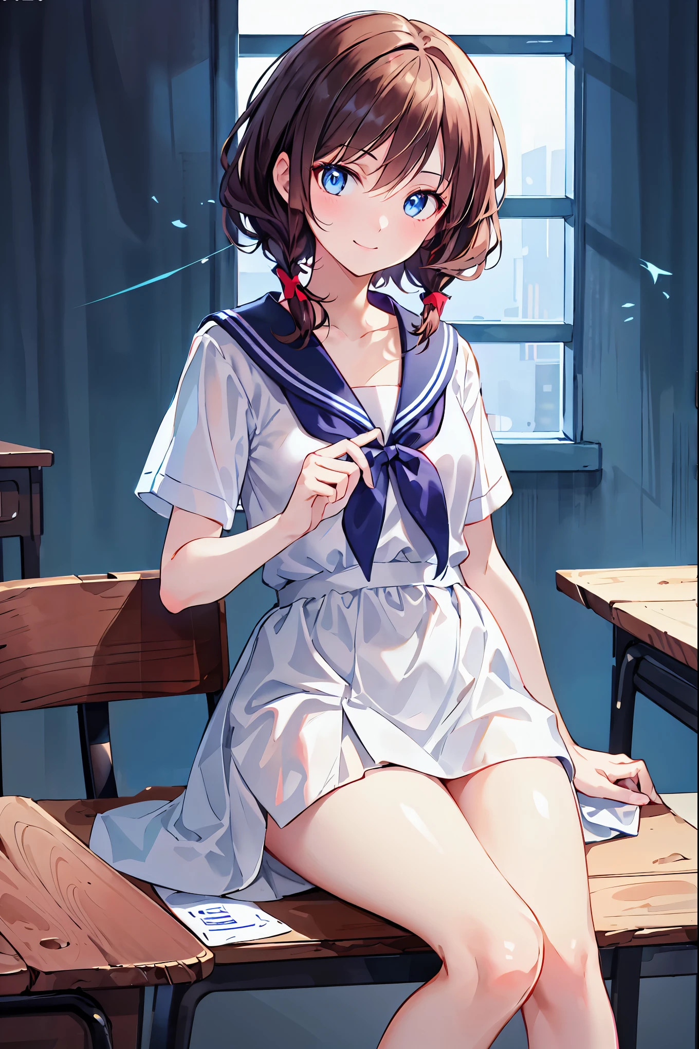 schoolgirl, Brown hair, Medium hair, Sailor suit, (Naked:1.1), (Blushing:1.0), Detailed face, Roadside, POV crouching,Expose the inside of your legs,Spread your legs,There are two red bumps on the chest,tit,NSFW:0