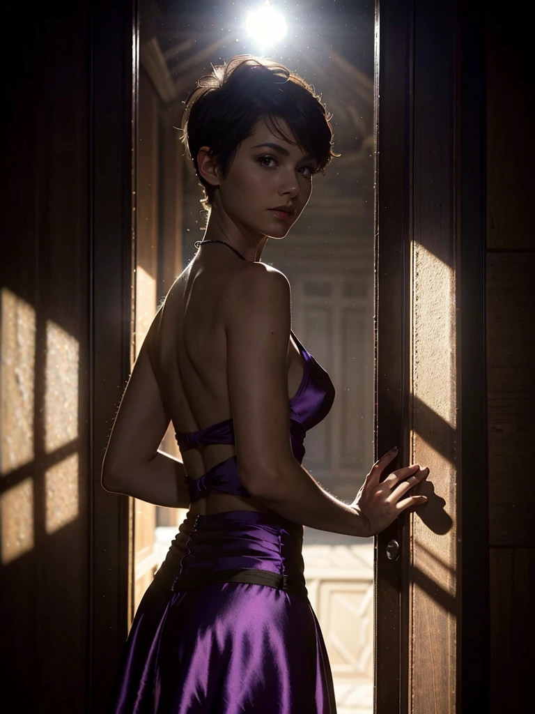 a dark silhouette of a slim feminine figure, best quality, photography, extremely high-resolution details, photographic, photorealistic, hyper-realistic, HDR, masterpiece, ((very short pixie hair)), standing the doorway, ((wearing an extremely short purple silk dress with a wide skirt)), thin waist, wide hips, (silhouette lighting), (strong backlight), dramatic shadows, backlit, head slightly tilted to the side, studio portrait of a girl