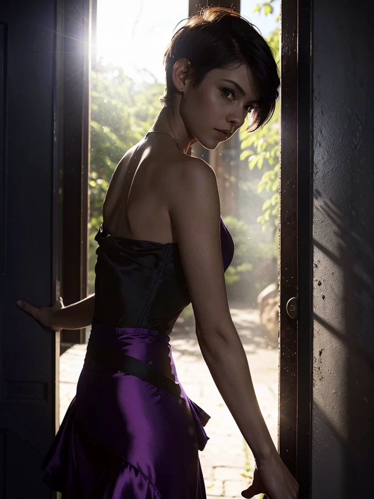 a dark silhouette of a slim feminine figure, best quality, photography, extremely high-resolution details, photographic, photorealistic, hyper-realistic, HDR, masterpiece, ((very short pixie hair)), standing the doorway, ((wearing an extremely short purple silk dress with a wide skirt)), thin waist, wide hips, (silhouette lighting), (strong backlight), dramatic shadows, backlit, head slightly tilted to the side, studio portrait of a girl