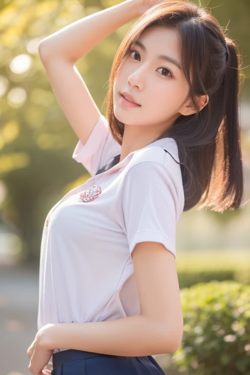 A cute Japanese junior high school student is wearing a tight fitting white T-shirt