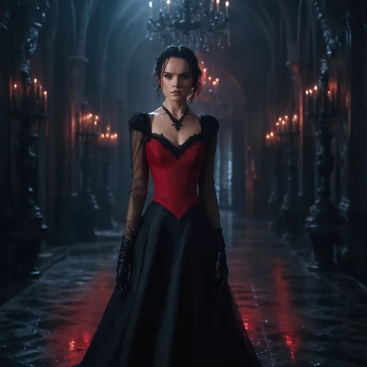 Daisy Ridley With a biggest generous bust seductive female wearing a tight, strapless red dress, with intricate black detailing. The dress is predominantly red and form-fitting, enhancing her curves. Black, sheer, transparent sleeves extend into gloves, adding a gothic elegance. The Giant bust area features a black detail that resembles a bra, and above her generous cleavage, there's a black, transparent triangle of fabric, connecting to a sleek black choker around her neck. This choker links to the black sheer sleeves, forming a cohesive design. The deep, plunging neckline accentuates her voluptuous figure, with the red fabric accentuates her sensuality, and the black details adding a gothic flair. Set in a dark, mysterious gothic castle or haunted mansion in the Night Rain, with soft, cinematic lighting that highlights every texture and shadow of her outfit, Ultra-realistic, highly detailed, with a focus on the contrast of the bold red dress and the sheer black elements . 4K resolution, gothic atmosphere, dramatic and elegant