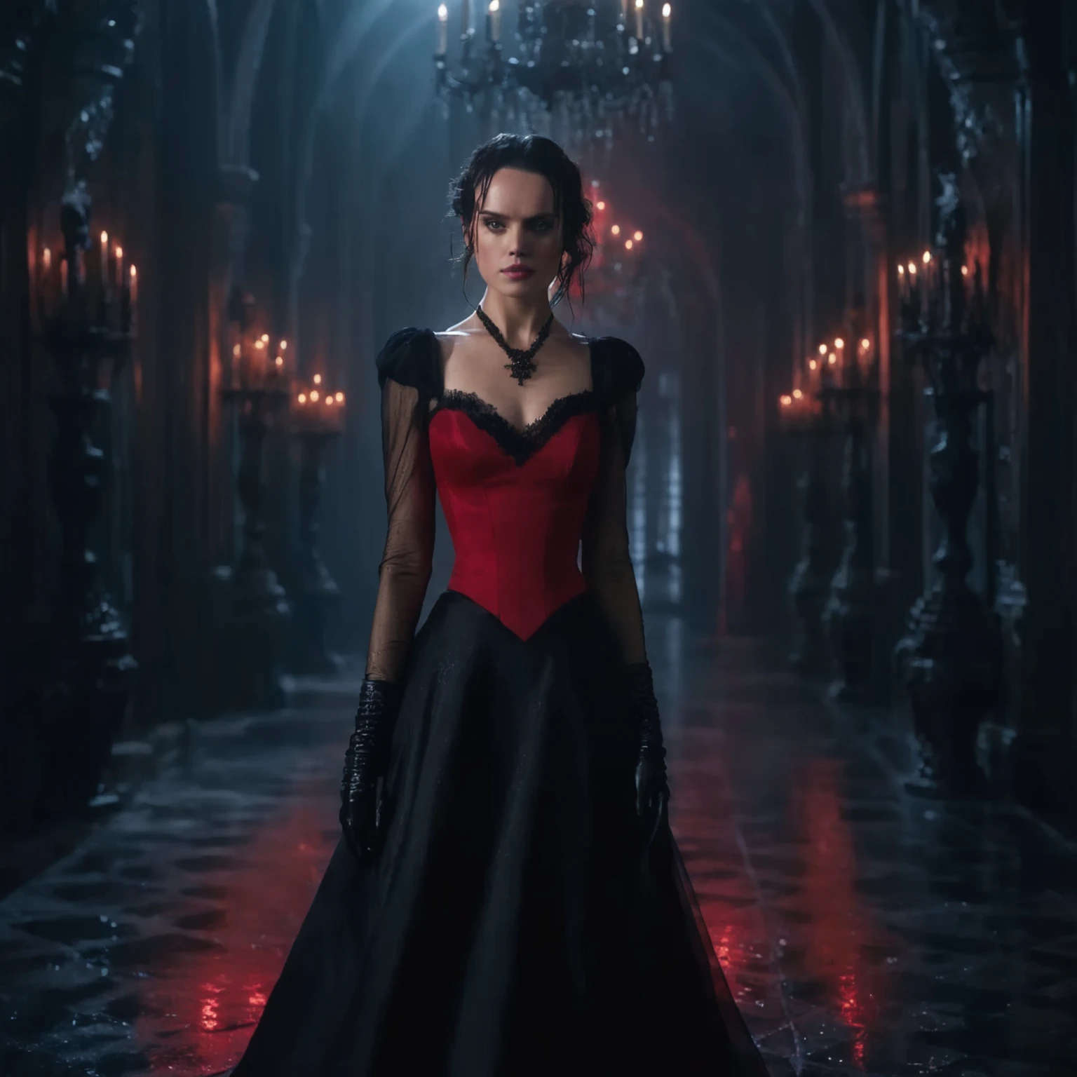 Daisy Ridley With a biggest generous bust seductive female wearing a tight, strapless red dress, with intricate black detailing. The dress is predominantly red and form-fitting, enhancing her curves. Black, sheer, transparent sleeves extend into gloves, adding a gothic elegance. The Giant bust area features a black detail that resembles a bra, and above her generous cleavage, there's a black, transparent triangle of fabric, connecting to a sleek black choker around her neck. This choker links to the black sheer sleeves, forming a cohesive design. The deep, plunging neckline accentuates her voluptuous figure, with the red fabric accentuates her sensuality, and the black details adding a gothic flair. Set in a dark, mysterious gothic castle or haunted mansion in the Night Rain, with soft, cinematic lighting that highlights every texture and shadow of her outfit, Ultra-realistic, highly detailed, with a focus on the contrast of the bold red dress and the sheer black elements . 4K resolution, gothic atmosphere, dramatic and elegant