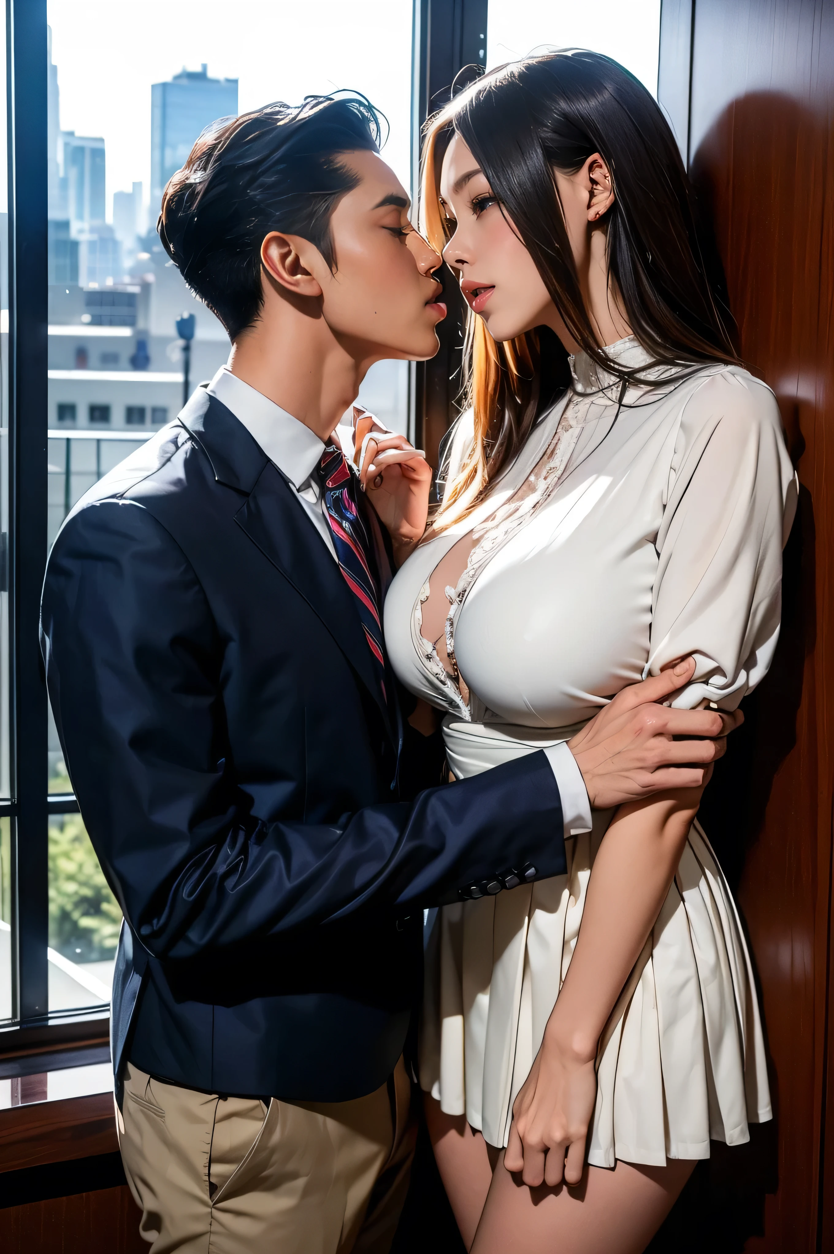 An Asian woman leans next to an older man，The old man holds the woman，Touching her chest，The old man touched the woman's chest，Big breasts！！，Big breasts！，Big breasts，cleavage，oppai，the breasts are large，Transparent exposed coat，Skinny black silk mesh jumpsuit，sie boob，With large breasts，sfv，w hotel，Busty，Large breasts，Excitation，side boobs，