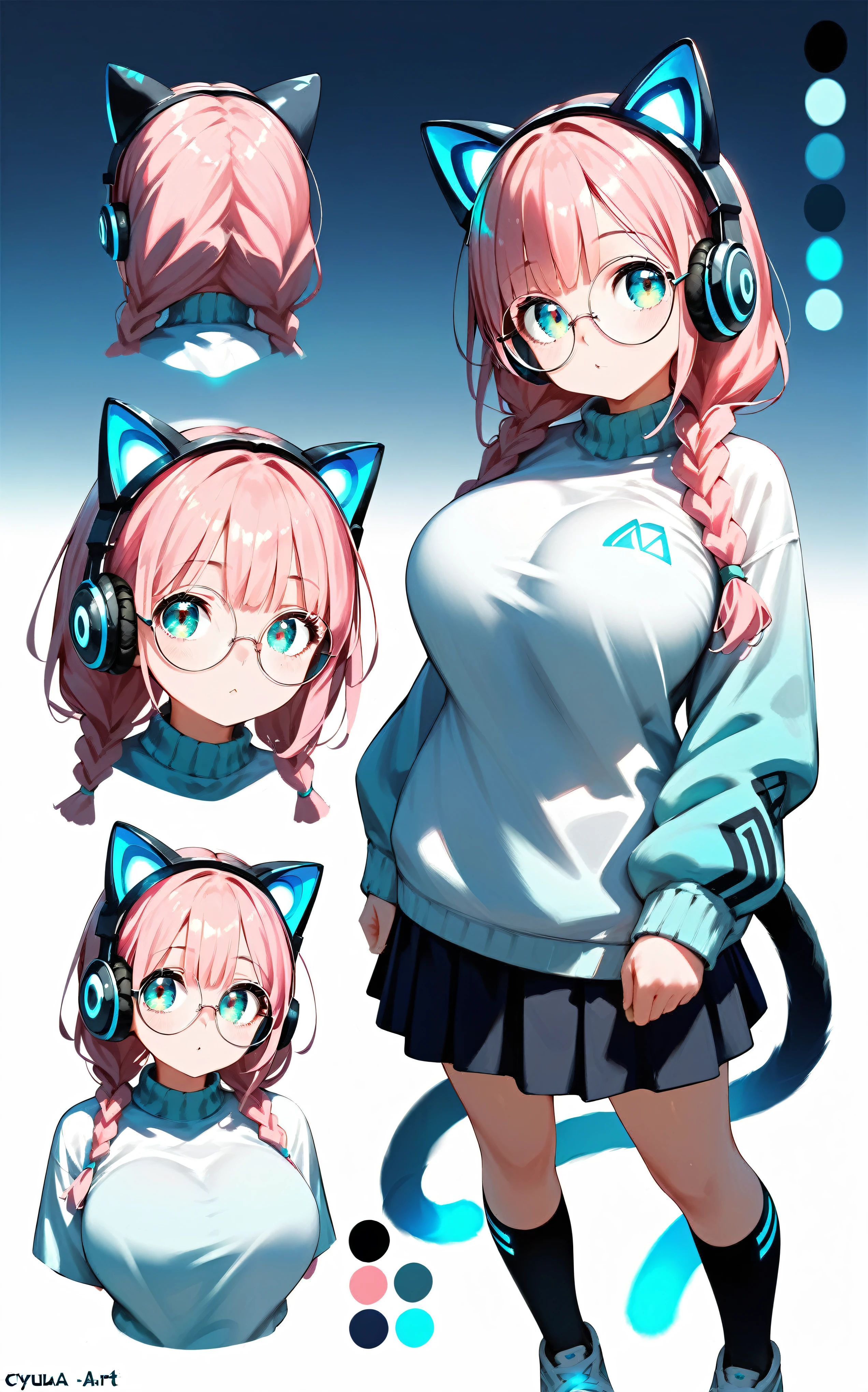 ((best quality:1.2), (ultra-detailed:1.2), (2.5D:1.2), (Anime Moe Art Style), 1girl , pink hair, Cyan eyes, gradient eyes, twin braids, blue Glowing cat ear headphones, black round glasses, large breasts,reference sheet,